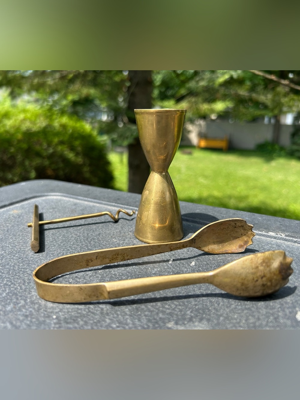 Vintage Brass Bar Tool Set Gold Color Cocktail Jigger Ice Tongs Corkscrew Lot 3